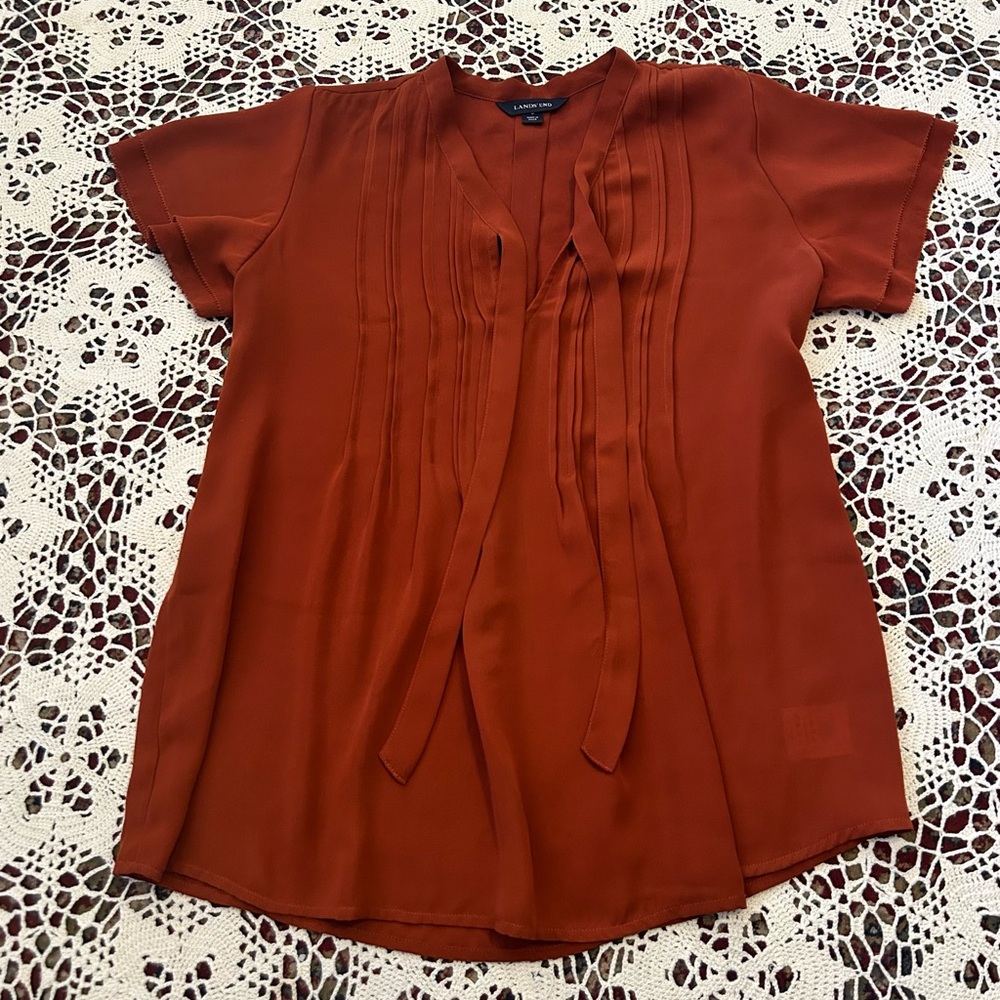 Lands End Rust Terracotta Red Blouse with Tie Detail